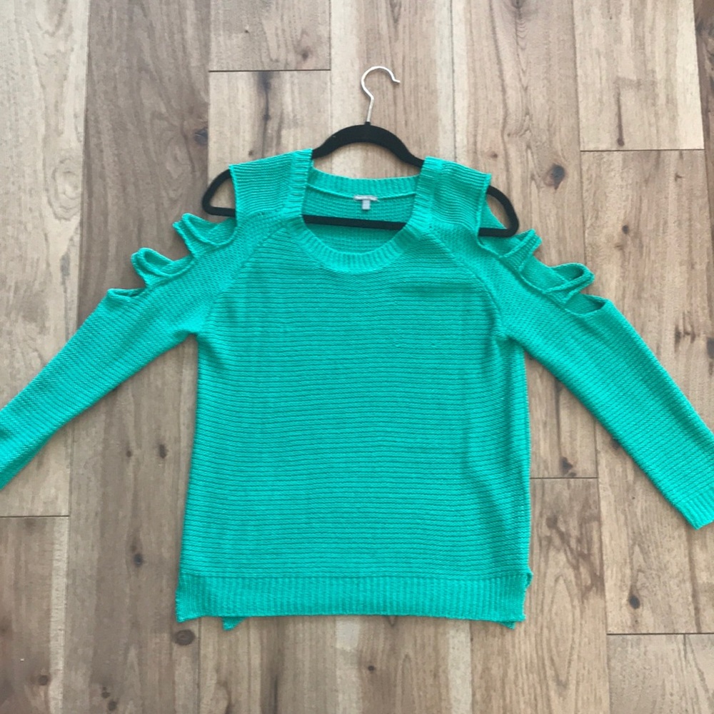 Kelly Green sweater with cutout shoulder detail